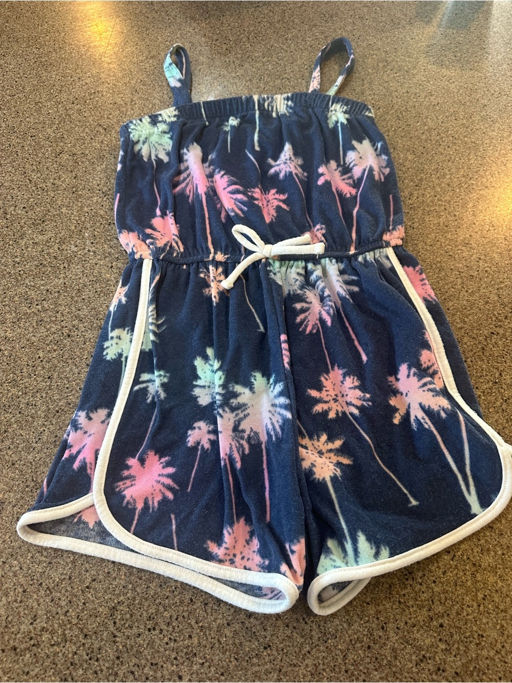 SO Navy Romper with Pink & Mint Palm Print